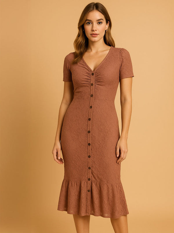 Casual Short-Sleeve Button-Front Midi Dress