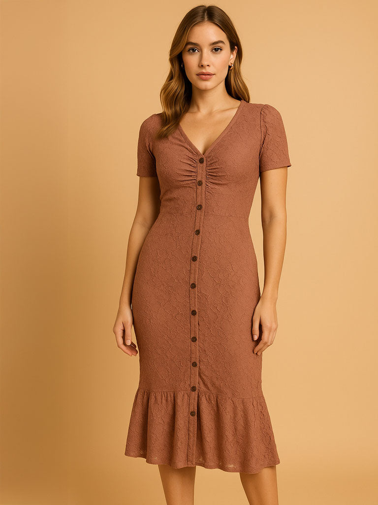Casual Short-Sleeve Button-Front Midi Dress