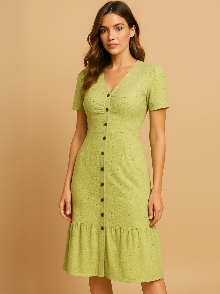 Casual Short-Sleeve Button-Front Midi Dress