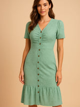 Casual Short-Sleeve Button-Front Midi Dress