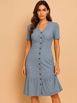 Casual Short-Sleeve Button-Front Midi Dress